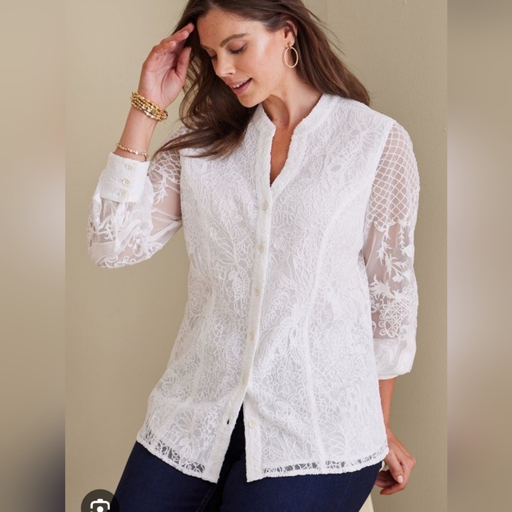 NEW Soft Surroundings Fiori Top In Ivory Pearl Size 2x White Lace Button Up NWT